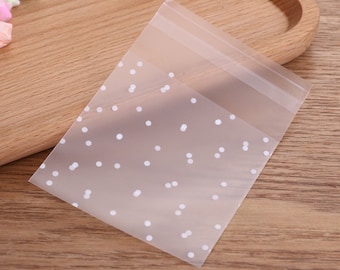 100x White Dotty Polka Dot Favor Bags, Resealable Self-adhesive Matte Frosty Plastic Bags, Cookie Candy Lolly Product Packing Display Bags