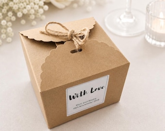 150 White Black Kraft Paper Wedding Slice Cake Favor Box with Personalised Thank You Gift Sticker Label | Any Text Colour Language Logo Icon