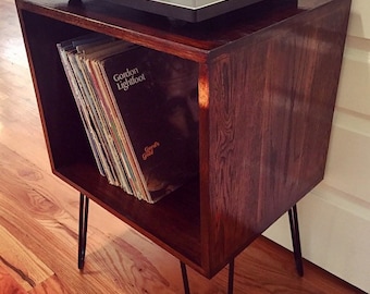 Solid Oak Mid-Cenury Modern Retro Vinyl Record Player Stand Console Table