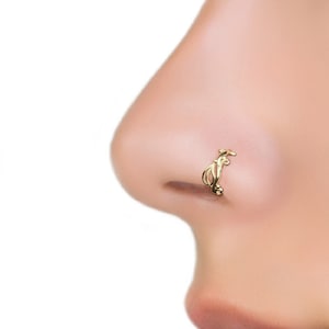 May include: A gold nose ring with a delicate, intricate design. The ring is worn in the left nostril of a person with fair skin.