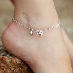 Genuine Pearl Anklet, Silver Butterfly Anklet, Beach Wedding, Bohemian Jewelry, Beach Anklet, Pearl Birthstone Anklet, June Birthstone