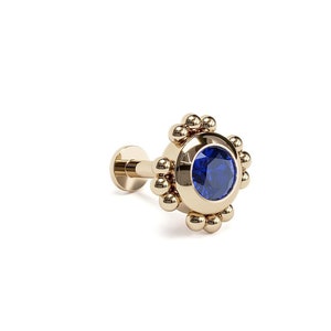 3mm 14K Gold Sapphire Round-Cut Cartilage Stud, Sapphire Labret Stud, Internally Threaded, Gold Beaded Stud, Conch, Helix, Tragus Piercing