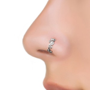 Nose Ring Hoop Boho, Leaf Nose Ring, Nose Hoop Clicker, Silver Nose Ring, Nose Piercing, Clicker Nose Ring, Bohemian Jewelry, Pierced Nose