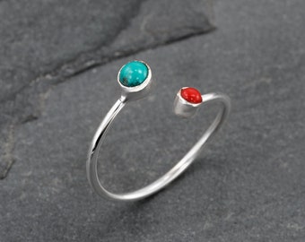 Gemstone Toe Ring, Toe Ring For Woman, Silver Toe Ring, Foot Jewellery, Adjustable Toe Ring, Turquoise & Red Coral Toe Ring