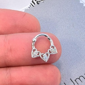 Septum Ring 925 Silver, Opal Heart Septum Ring, Septum Jewelry, 16g Septum Hoop, Septum Piercing, Heart Jewelry, Cute Septum Hoop