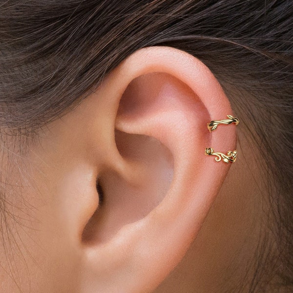 Gold Helix Hoops Set, Cartilage Earrings, Leaf Helix Rings, Set of 2 14K Gold Helix Earrings, Bohemian Helix Hoop Set, Unique Tiny Hoops