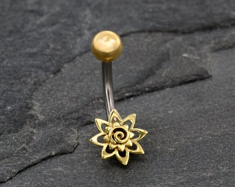 Gold Belly Ring, Gold Navel Ring, Belly Button Ring, Belly Piercing, Flower Belly Ring