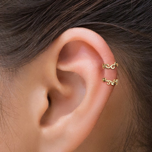 Unique Hoop Earrings Set, Set of 2 Gold Cartilage Hoops, Snug Fit Huggie Hoops, Curated Ear Piercing, 14K Gold Helix Earrings, Daith Hoop