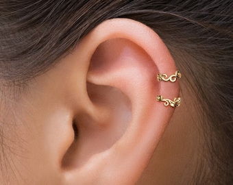 Unique Hoop Earrings Set, Set of 2 Gold Cartilage Hoops, Snug Fit Huggie Hoops, Curated Ear Piercing, 14K Gold Helix Earrings, Daith Hoop