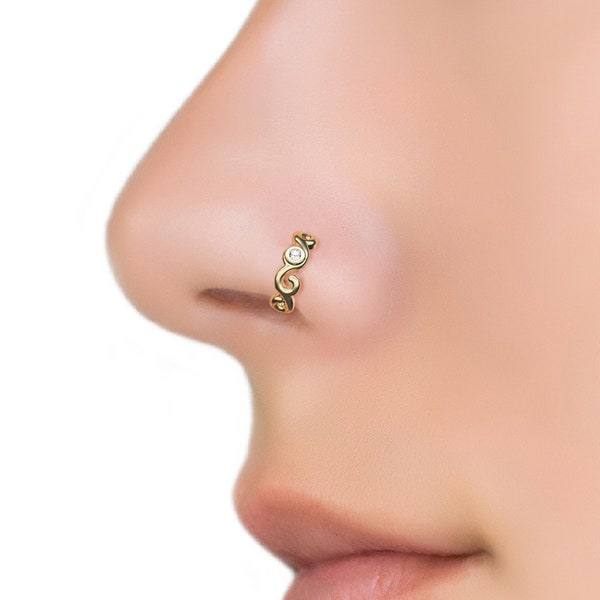 14K Gold Nose Hoop, Indian Nose Ring, Genuine Diamond Nose Ring, Swirly Nose Hoop, Delicate Nose Ring, Minimalist Nose Piercing