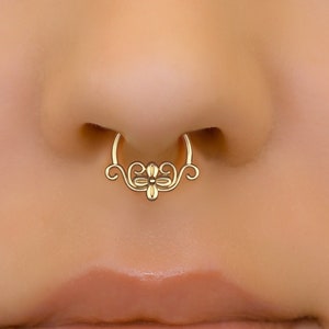 Gold Flower Fake Septum Ring, Faux Septum Cuff, Non Pierced Nose Ring, Tribal Septum Ring, Indian Nose Jewelry, Floral Body Jewelry