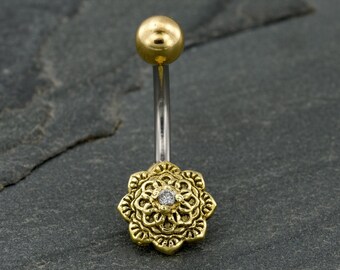 Piercings para el ombligo, piercing para el ombligo con mandala de flores, piercing para el ombligo con flores, piercing para el ombligo