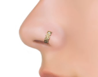 Diamond Nose Ring, Statement Nose Hoop, 14K Gold Nose Ring, Solid Gold Nose Piercing, Indian Nose Hoop, Nose Jewelry, Unique Nose Ring