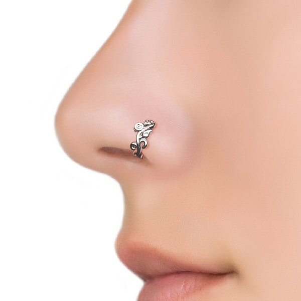 14K White Gold Nose Ring Hoop, White Gold Leaf Nose Ring, 14K Solid Gold Nose Hoop, Genuine Diamond Nose Ring, Clicker Nose Ring
