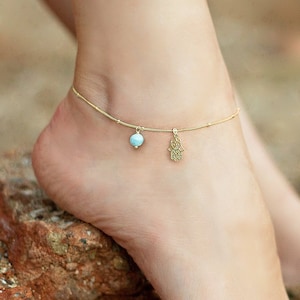 Gold Hamsa Fußkettchen, Aquamarin Fußkettchen, Hamsa Anhänger, Edelstein Fußkettchen, Gold Charm Fußkettchen, einzigartige Fußkettchen, verstellbare Kette Fußkettchen, 20 &quot;-26&quot;