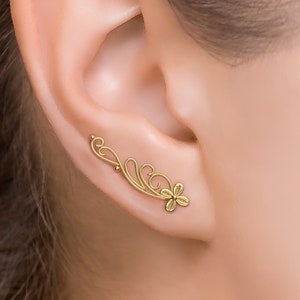 Gold Flower Ear Climbers, Gold Ear Crawlers, Boho Ear Sweeps, Floral Ear Vine, Bohemian Earrings, Long Stud Earrings, Ear Pins, Ear Sweep