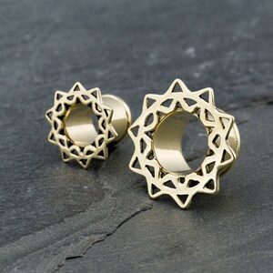 Gold Flower Mandala Ear Tunnel. 6mm-2g Tribal Ear Tunnel. Plags Gauges. 2g Tunnel. Gauge jewellery. brass ear tunnels image 2