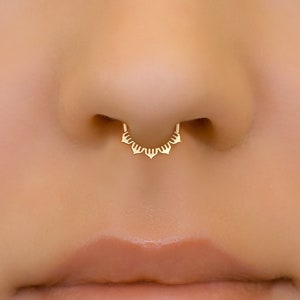 Minimalist Indian inspired faux septum cuff ring with a lotus design in 14k gold plated on a sterling silver base.