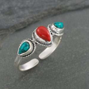 Coral Turquoise Oval Gemstone Ring. Red Coral Turquoise Ring. Sterling Silver Ring. Gemstone Setting.  Multistone Rings