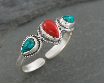 Coral Turquoise Oval Gemstone Ring. Red Coral Turquoise Ring. Sterling Silver Ring. Gemstone Setting.  Multistone Rings
