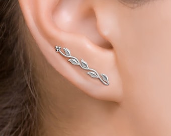 Silver Leaf Ear Climber, Boho Ear Crawler, Épingle à oreille inspirée de la nature