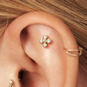 14K Solid Gold Dainty Bezel Set Diamond Helix Earring, Cartilage Piercing, Tragus, Conch, Tiny Flat Back Stud Earring, 16G Labret Stud