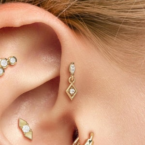 ◆STONEHENgE◆ DAL 14K Diamond Piercing M0786D Single 4 Stone Genuine Diamond Stud, 14K Gold Earring, Nose Tragus