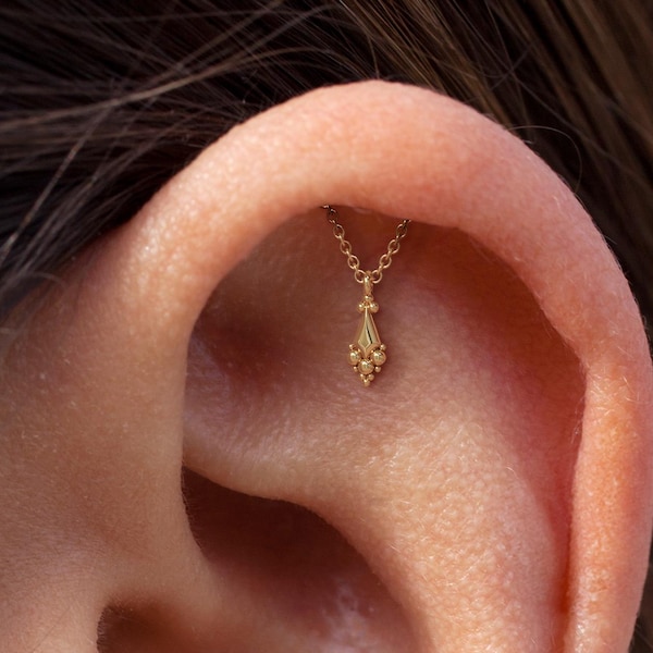 Piercing para hélice oculta, pendiente colgante de oro macizo de 14 quilates, piercing para labio de oro de 14 quilates, pendiente para cartílago, piercing para labio de oro con rosca interna.