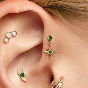 Emerald Starburst Dangle Stud Earring, Marquise Emerald Stud, 14K Gold Labret Internally Threaded, Forward Helix Stud, Emerald Piercing
