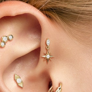 Diamanten Starburst-hangoorbel, 14 kt gouden labret met inwendig schroefdraad, Marquise Diamond-stekker, Forward Helix platte achterkant, diamanten piercing