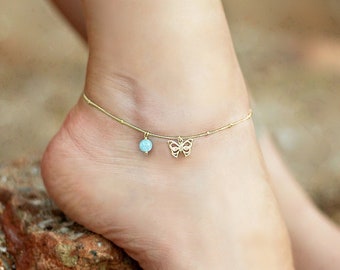 Gold Butterfly Anklet, Aquamarine Anklet, Charm Anklet, Gold Anklet, Beach Ankle Bracelet, Bohemian Anklet, Adjustable Anklet, 20"-26"