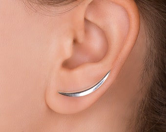 Silver Ear Climber, Silver Ear Crawler, Sterling Silver Ear Crawler Earrings, Curved Ear Climbers, Minimalist Ear Pins, Up the Ear Earring