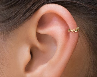 Gold Leaf Helix Hoop, Snug Fit Helix Ring, Tragus Piercing, Helix Piercing, Bohemian Gold Hoop, Pierced Ear, Boho Helix Earring