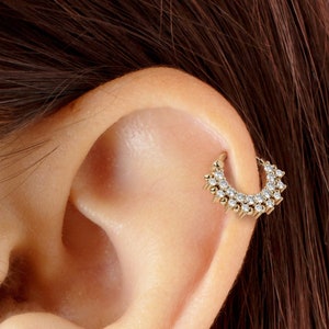 14k Gold Helix Hoop, Gold Cartilage Earring, Diamond Hoop Earring, Solid Gold Hoop Earring with Genuine Diamonds