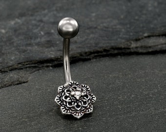 Sterling Silver Belly Button Ring, Flower Belly Ring, Belly Piercing, Silver Navel Ring, Flower Mandala Belly Ring