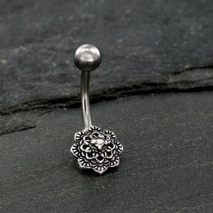 Sterling Silver Belly Button Ring, Flower Belly Ring, Belly Piercing, Silver Navel Ring, Flower Mandala Belly Ring