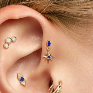 Saffier Starburst-hangoorbel, saffierknop Marquise, 14 kt gouden labret met inwendig schroefdraad, Forward Helix-knop, saffierpiercing