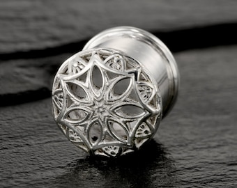 Sterling Silver Gauges, Ear Gauges, Ear Tunnels, Plugs And Tunnels, Ear plugs, 1/2" Gauges, Ear Gauges, 12mm Plugs, Flower Mandala Earrings