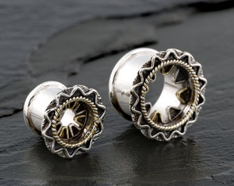 0 Gauge Earrings, Ear Gauges, Ear Tunnels, Plugs And Tunnels, 8mm Ear plugs, Sterling Silver and Gold Tunnels