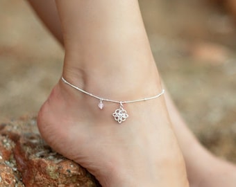 Unique Mandala Anklet, Rose Quartz Charm, Beach Jewelry, Beach Wedding, Silver Anklet, Beach Anklet, Womens Anklet, Adjustable Anklet