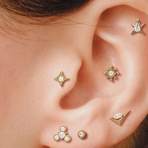 Brinco Starburst de diamante, brinco Tragus, pino Tragus Starburst, joias Tragus de ouro 14K, piercing Starburst, pequeno pino de ouro 16G, pino Labret