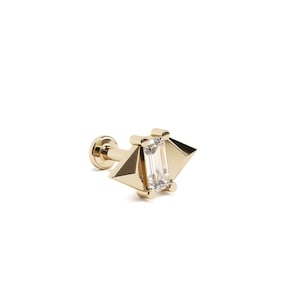 Diamanten piercing, 14 kt massief gouden enkele baguette-diamant piercing, 14 kt gouden piramide stud met inwendig schroefdraad, helix piercing, labret stud