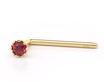 Ruby Nose Stud, 14K Gold Nose Stud, Tiny Nose Stud, July Birthstone, Nose Jewelry, Gemstone Nose Stud, L Shape Nose Ring Stud, Ruby Jewelry