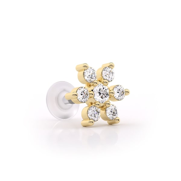 Genuine Diamond Flat Back Helix Stud, Flat Back Cartilage Earring 14K Gold Helix Earring, Flower Flat Back Cartilage Stud