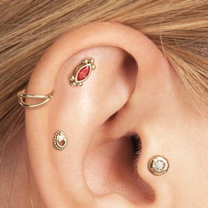 Gold Ruby Helix Stud, 16G Cartilage Labret Stud, 14K Gold Labret Internally Threaded, Ruby Piercing, 14K Gold Beaded Flat Back Stud