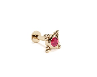 14K Solid Gold Ruby Labret Piercing (Single), 2mm Ruby Stud Earring, 14K Gold Internally Threaded Labret Cartilage, Tragus, Helix Jewelry