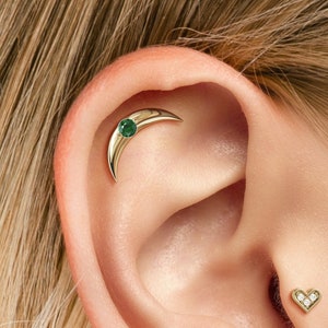 Emerald Helix Piercing, Curved Helix Labret Stud, Emerald Piercing, Internally Threaded, Gold Cartilage Piercing, Crescent Moon Stud