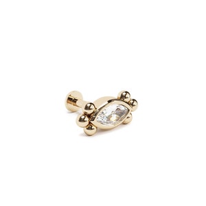 Marquise Diamond 0.1 Carat Helix Stud, 16G Tiny Cartilage Labret Stud, 14K Gold Labret Internally Threaded, 14K Gold Beaded Flat Back Stud