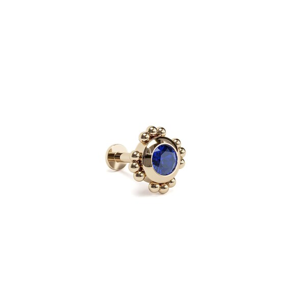 Tiny 14K Gold Sapphire Round-Cut Cartilage Stud, Sapphire Labret Stud, Internally Threaded, Gold Beaded Stud, Conch, Helix, Tragus Piercing