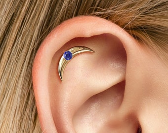 Sapphire Helix Piercing, Curved Helix Labret Stud, Sapphire Piercing, Internally Threaded, Gold Cartilage Piercing, Crescent Moon Stud